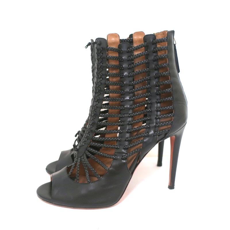 Aquazzura Cage Boots Venus Black Braided Leather Size 39 Open Toe Ankle Boots - Celebrity Owned