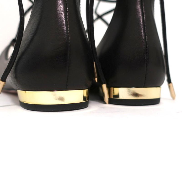 Aquazzura Christy Lace-Up Flats Black Leather Size 38.5 NEW - Celebrity Owned
