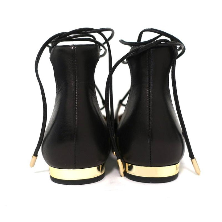 Aquazzura Christy Lace-Up Flats Black Leather Size 38.5 NEW - Celebrity Owned