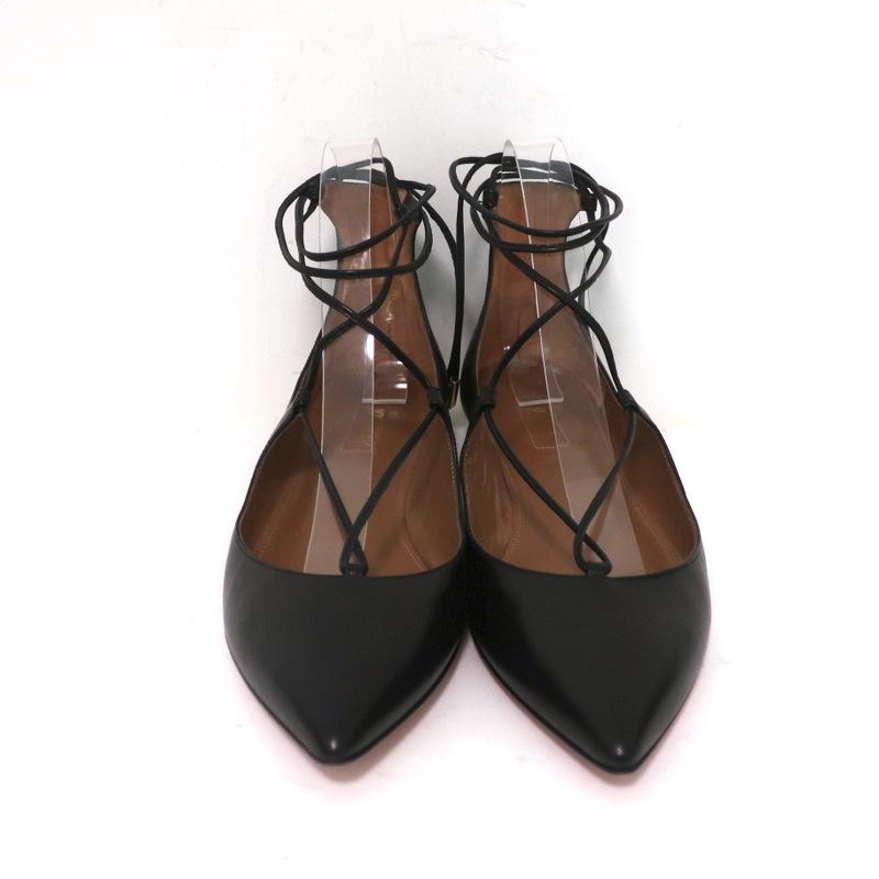 Aquazzura Christy Lace-Up Flats Black Leather Size 38.5 NEW - Celebrity Owned