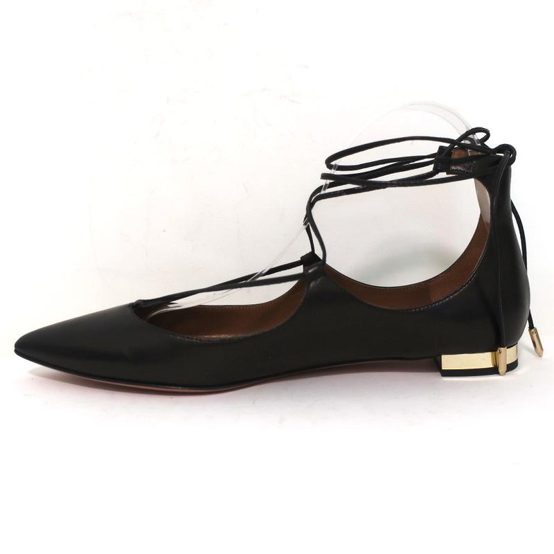 Aquazzura Christy Lace-Up Flats Black Leather Size 38.5 NEW - Celebrity Owned