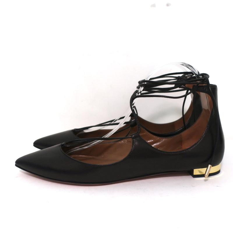 Aquazzura Christy Lace-Up Flats Black Leather Size 38.5 NEW - Celebrity Owned
