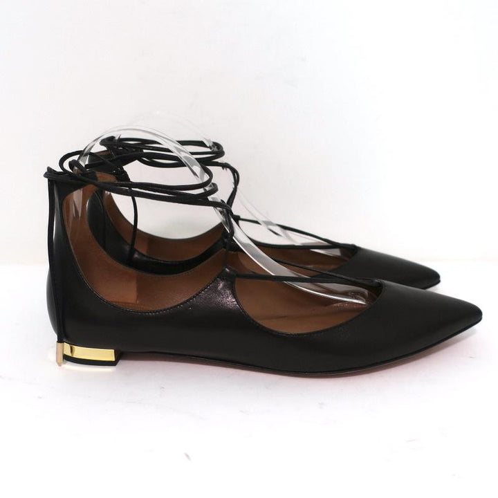 Aquazzura Christy Lace-Up Flats Black Leather Size 38.5 NEW - Celebrity Owned