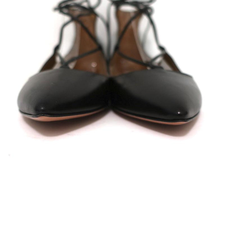 Aquazzura Christy Lace-Up Flats Black Leather Size 38.5 NEW - Celebrity Owned
