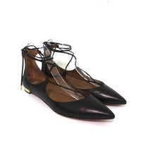 Aquazzura Christy Lace-Up Flats Black Leather Size 38.5 NEW - Celebrity Owned