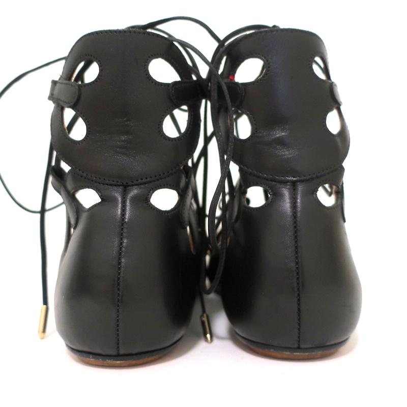 Aquazzura J’Adore Lace-Up Sandals Black Leather Size 39 Open Toe Flats - Celebrity Owned