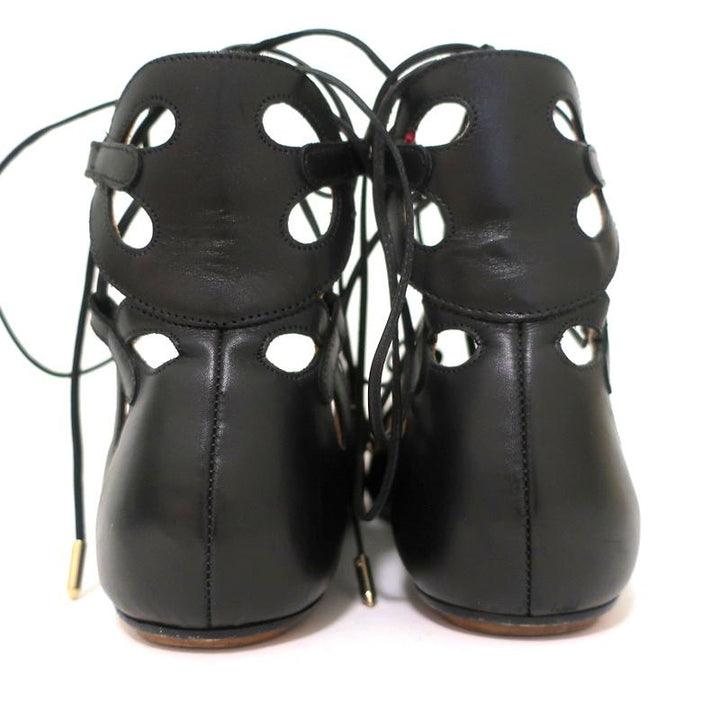 Aquazzura J’Adore Lace-Up Sandals Black Leather Size 39 Open Toe Flats - Celebrity Owned