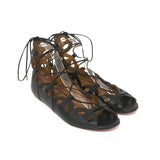 Aquazzura J’Adore Lace-Up Sandals Black Leather Size 39 Open Toe Flats - Celebrity Owned