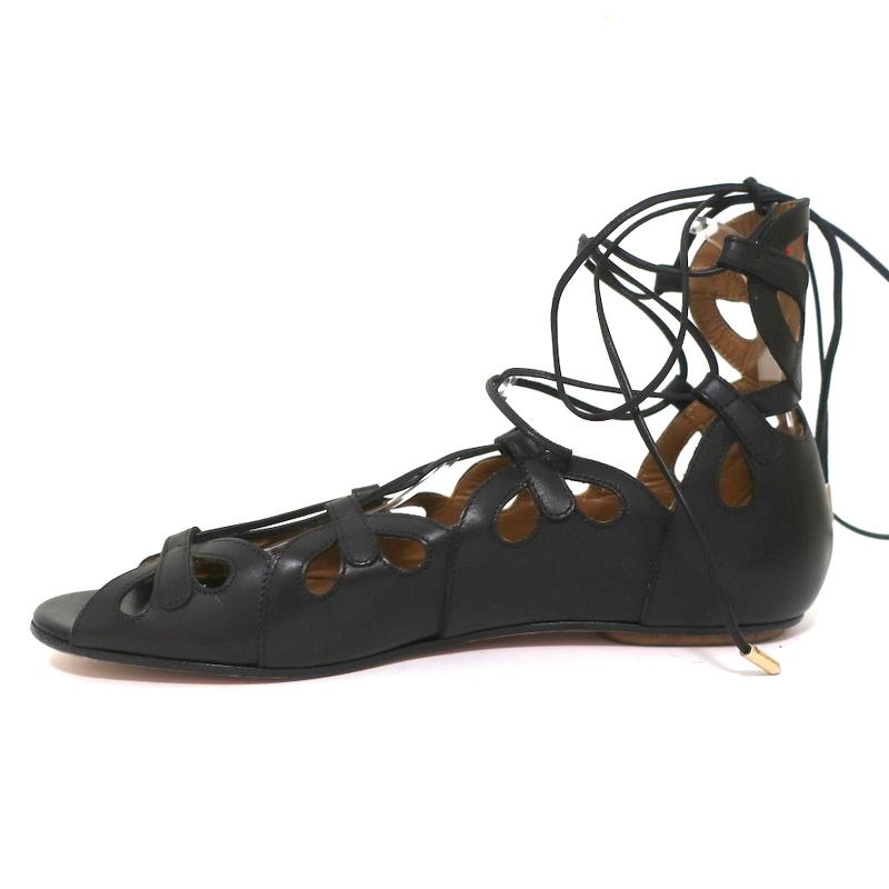 Aquazzura J’Adore Lace-Up Sandals Black Leather Size 39 Open Toe Flats - Celebrity Owned