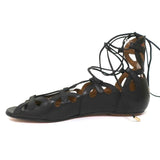 Aquazzura J’Adore Lace-Up Sandals Black Leather Size 39 Open Toe Flats - Celebrity Owned