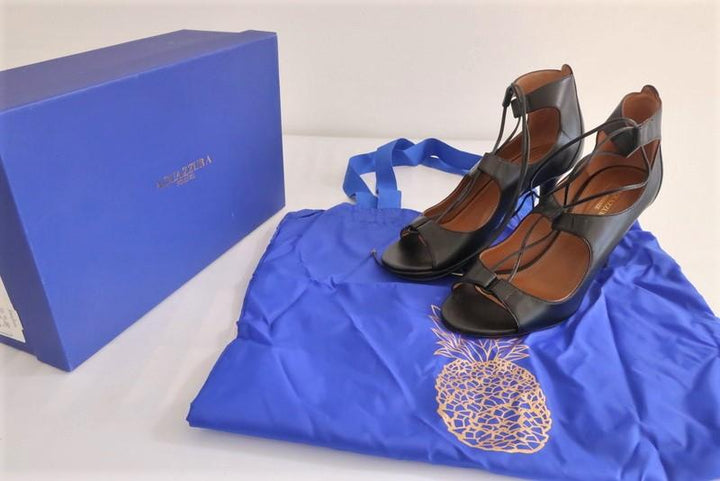 Aquazzura Lace-Up Sandals Christy Black Leather Size 36.5 Open Toe Heel - Celebrity Owned