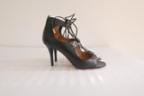 Aquazzura Lace-Up Sandals Christy Black Leather Size 36.5 Open Toe Heel - Celebrity Owned