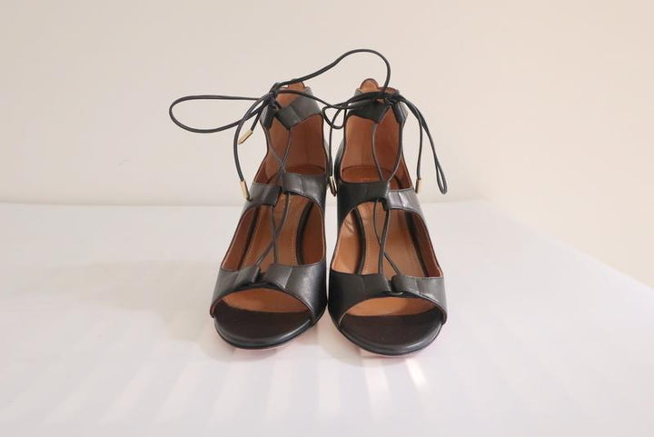Aquazzura Lace-Up Sandals Christy Black Leather Size 36.5 Open Toe Heel - Celebrity Owned