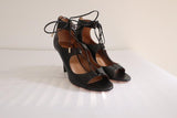 Aquazzura Lace-Up Sandals Christy Black Leather Size 36.5 Open Toe Heel - Celebrity Owned