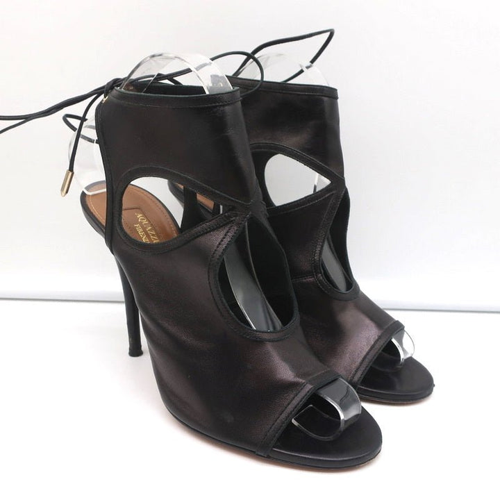 Aquazzura Sexy Thing Cutout Booties Black Leather Size 38 Open Toe Heels - Celebrity Owned