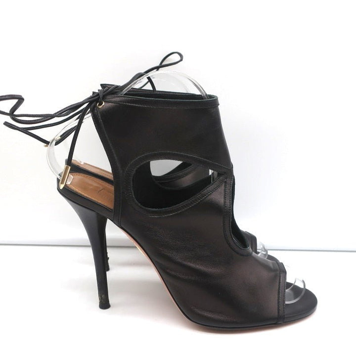 Aquazzura Sexy Thing Cutout Booties Black Leather Size 38 Open Toe Heels - Celebrity Owned