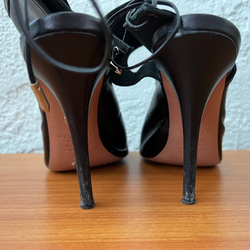 Aquazzura Sexy Thing Cutout Booties Black Leather Size 38 Open Toe Heels - Celebrity Owned