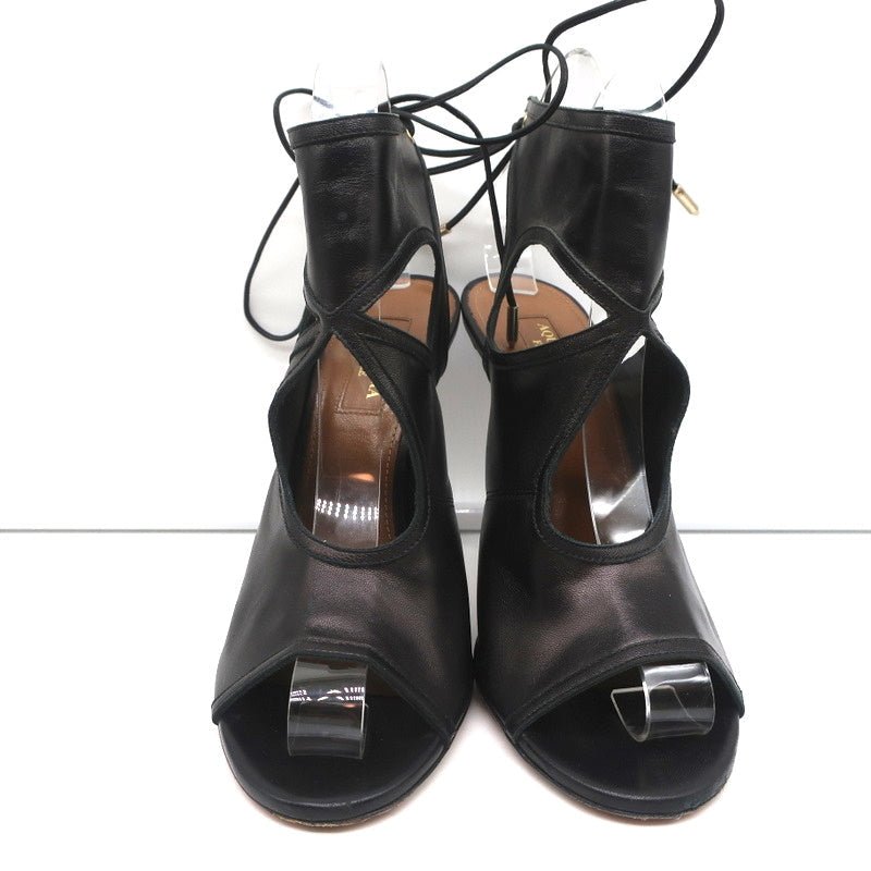 Aquazzura Sexy Thing Cutout Booties Black Leather Size 38 Open Toe Heels - Celebrity Owned