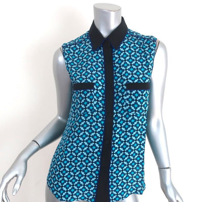Aquilano Rimondi Collared Shirt Blue Printed Silk Size 40 Sleeveless Blouse - Celebrity Owned