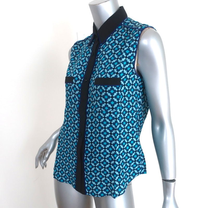 Aquilano Rimondi Collared Shirt Blue Printed Silk Size 40 Sleeveless Blouse - Celebrity Owned