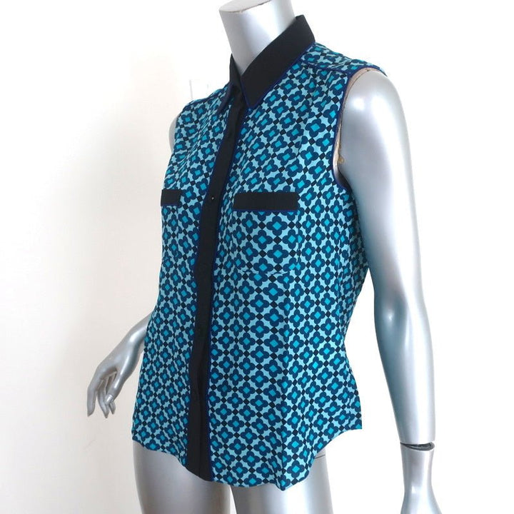 Aquilano Rimondi Collared Shirt Blue Printed Silk Size 40 Sleeveless Blouse - Celebrity Owned