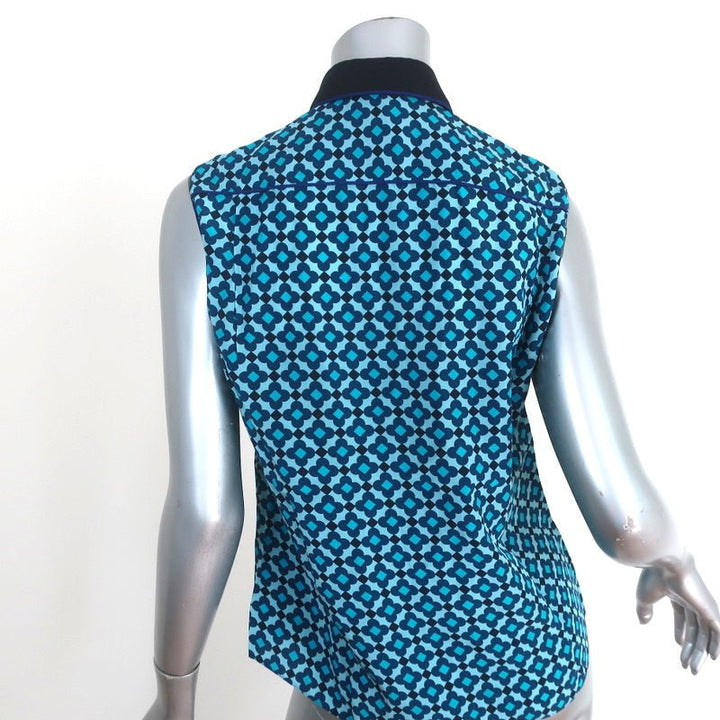 Aquilano Rimondi Collared Shirt Blue Printed Silk Size 40 Sleeveless Blouse - Celebrity Owned
