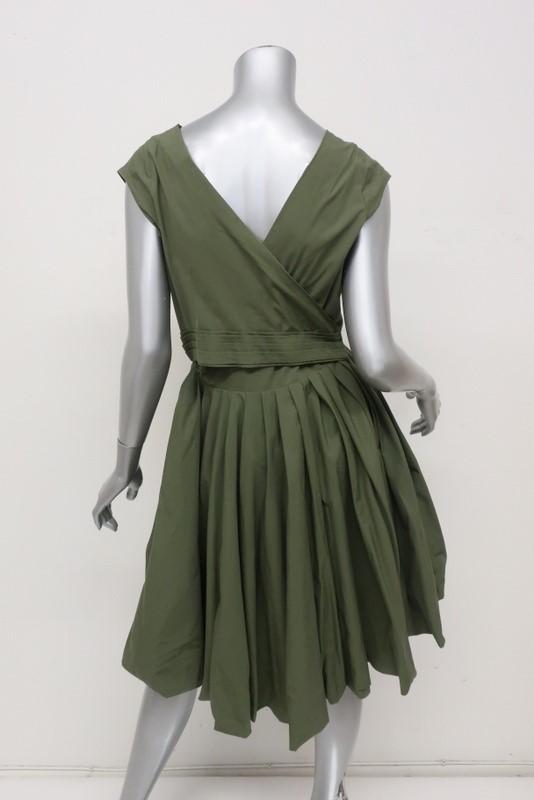 Aspesi Dress Olive Pleated Cotton Size 44 Cap Sleeve Fit &amp; Flare - Celebrity Owned