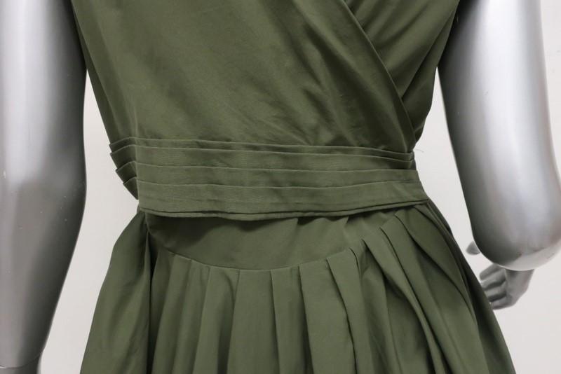 Aspesi Dress Olive Pleated Cotton Size 44 Cap Sleeve Fit &amp; Flare - Celebrity Owned