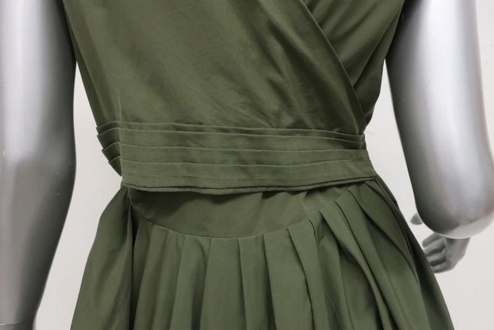 Aspesi Dress Olive Pleated Cotton Size 44 Cap Sleeve Fit &amp; Flare - Celebrity Owned