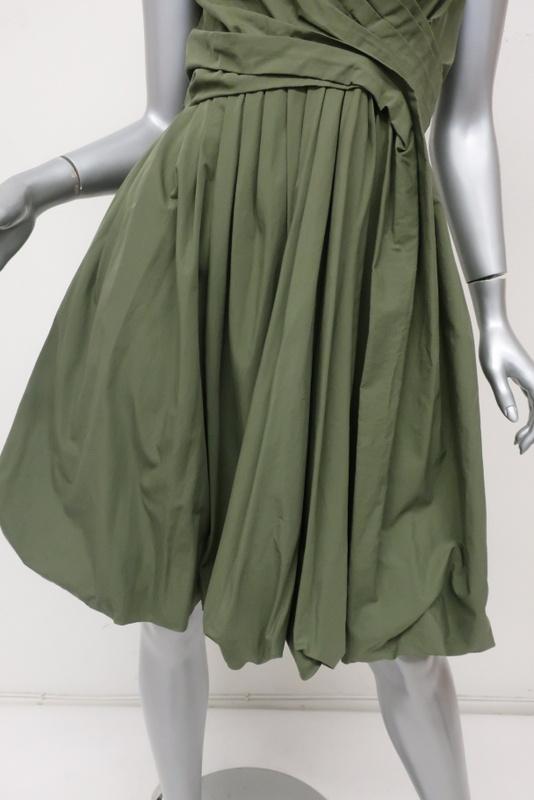 Aspesi Dress Olive Pleated Cotton Size 44 Cap Sleeve Fit &amp; Flare - Celebrity Owned