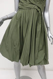 Aspesi Dress Olive Pleated Cotton Size 44 Cap Sleeve Fit & Flare - Celebrity Owned
