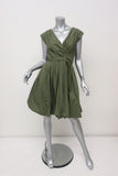 Aspesi Dress Olive Pleated Cotton Size 44 Cap Sleeve Fit & Flare - Celebrity Owned