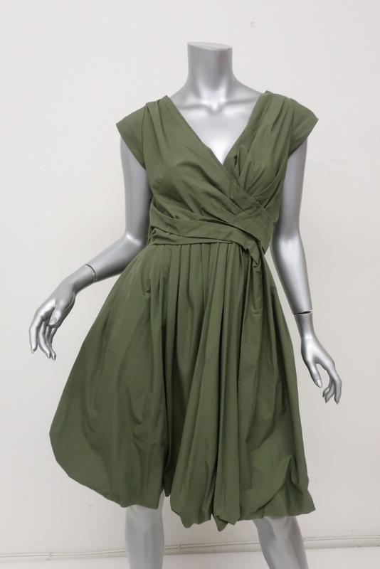 Aspesi Dress Olive Pleated Cotton Size 44 Cap Sleeve Fit &amp; Flare - Celebrity Owned