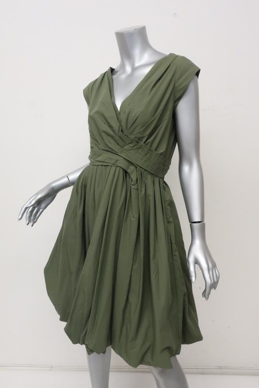 Aspesi Dress Olive Pleated Cotton Size 44 Cap Sleeve Fit &amp; Flare - Celebrity Owned
