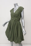 Aspesi Dress Olive Pleated Cotton Size 44 Cap Sleeve Fit & Flare - Celebrity Owned
