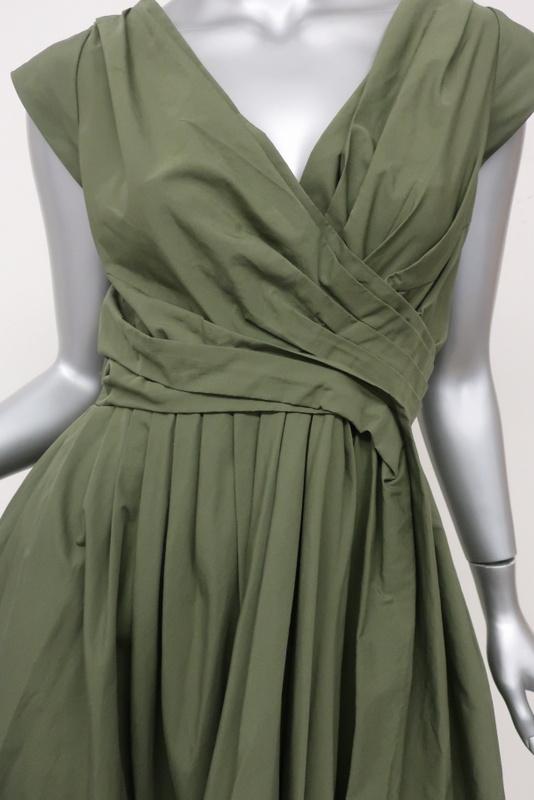 Aspesi Dress Olive Pleated Cotton Size 44 Cap Sleeve Fit &amp; Flare - Celebrity Owned