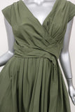 Aspesi Dress Olive Pleated Cotton Size 44 Cap Sleeve Fit & Flare - Celebrity Owned