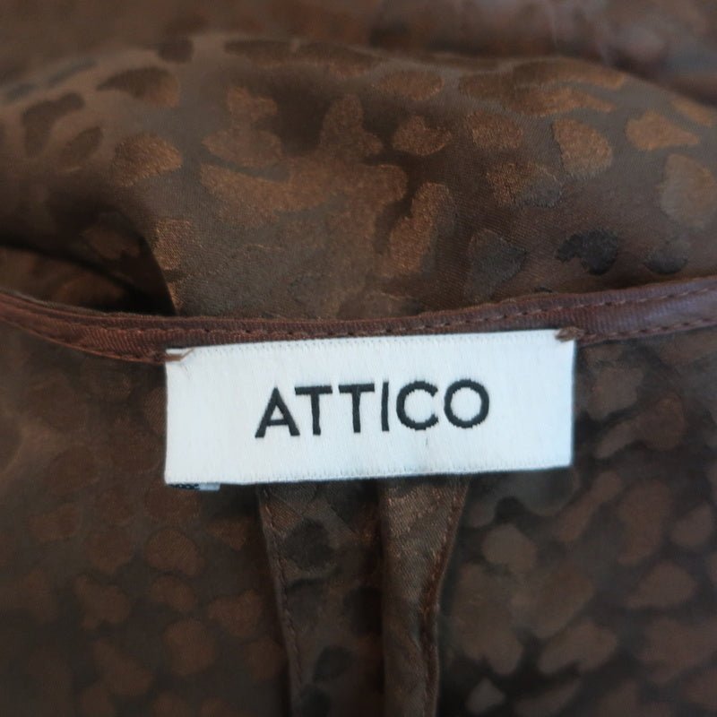 Attico Wrap Dress Brown Animal Print Silk Jacquard Size 40 Puff Sleeve Midi - Celebrity Owned