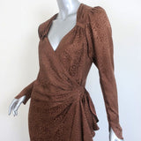 Attico Wrap Dress Brown Animal Print Silk Jacquard Size 40 Puff Sleeve Midi - Celebrity Owned