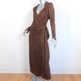Attico Wrap Dress Brown Animal Print Silk Jacquard Size 40 Puff Sleeve Midi - Celebrity Owned