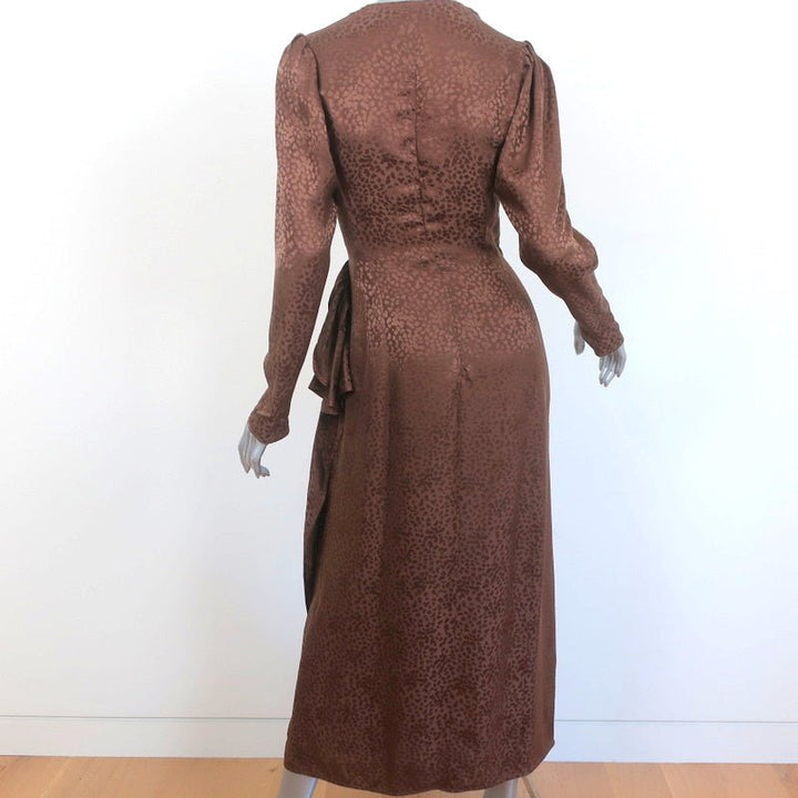 Attico Wrap Dress Brown Animal Print Silk Jacquard Size 40 Puff Sleeve Midi - Celebrity Owned
