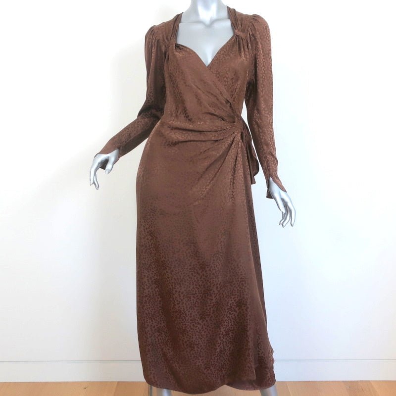 Attico Wrap Dress Brown Animal Print Silk Jacquard Size 40 Puff Sleeve Celebrity Owned Attico Wrap Dress Brown Animal Print Silk Jacquard Size 40 Puff Sleeve Celebrity Owned