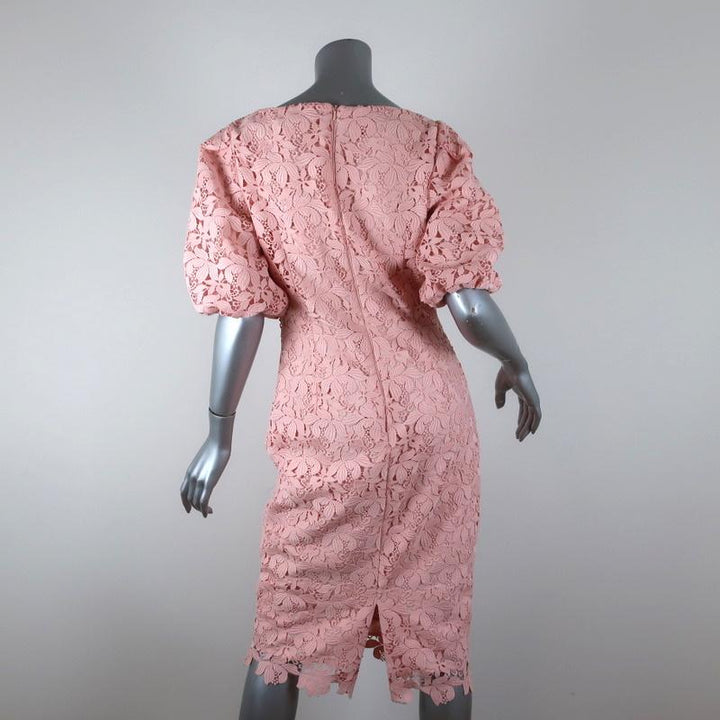Badgley Mischka Dress Blush Guipure Lace Size 4 Puff Sleeve Sheath NEW - Celebrity Owned