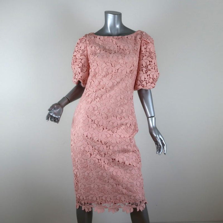 Badgley Mischka Dress Blush Guipure Lace Size 4 Puff Sleeve Sheath NEW - Celebrity Owned