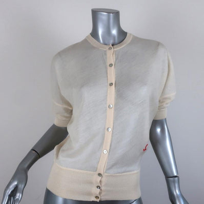 Balenciaga Short Sleeve Cardigan Ivory Anchor-Embroidered Wool Sweater Size 36 - Celebrity Owned