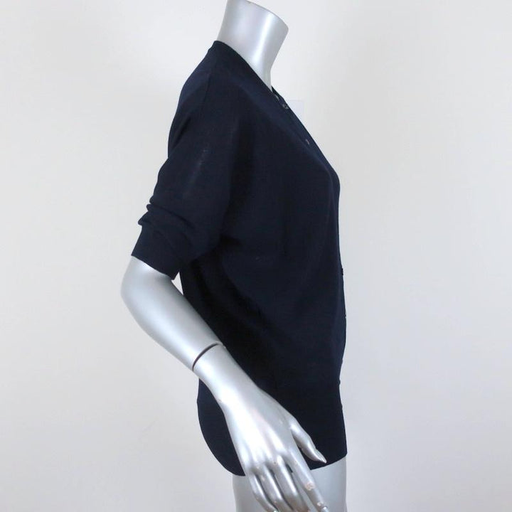 Balenciaga Short Sleeve Cardigan Navy Flower-Embroidered Wool Sweater Size 38 - Celebrity Owned