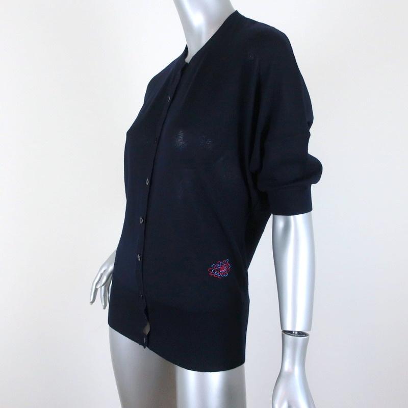 Balenciaga Short Sleeve Cardigan Navy Flower-Embroidered Wool Sweater Size 38 - Celebrity Owned