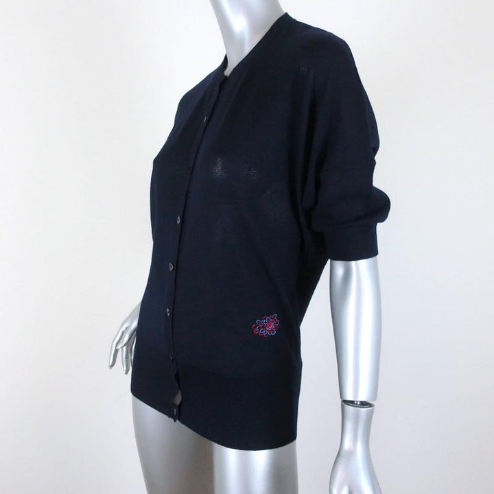 Balenciaga Short Sleeve Cardigan Navy Flower-Embroidered Wool Sweater Size 38 - Celebrity Owned