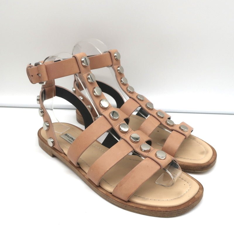 Balenciaga Studded Gladiator Sandals Nude Leather Size 36 Ankle Strap Flats - Celebrity Owned
