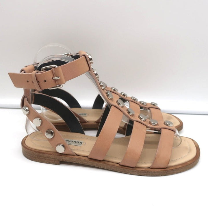Balenciaga Studded Gladiator Sandals Nude Leather Size 36 Ankle Strap Flats - Celebrity Owned